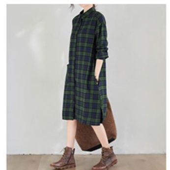 コットンチェック柄シャツワンピース秋冬長袖