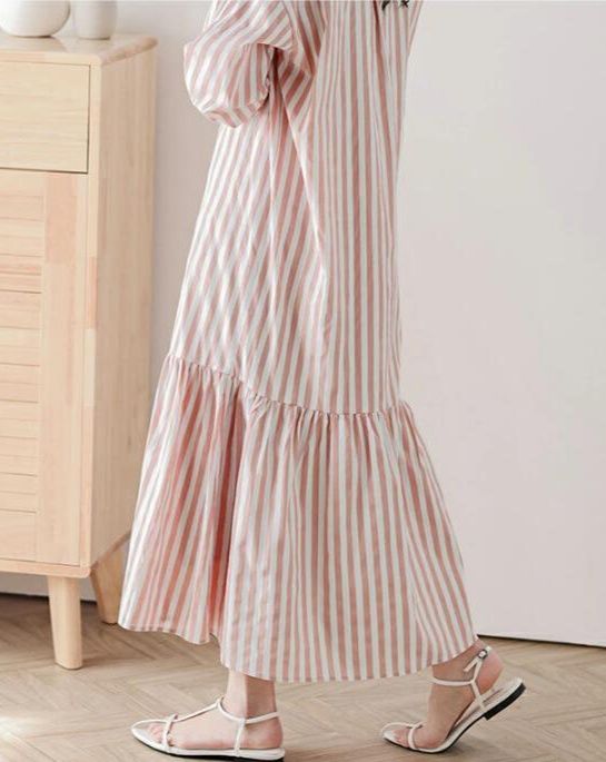 ティアード裾ストライプシャツワンピース長袖