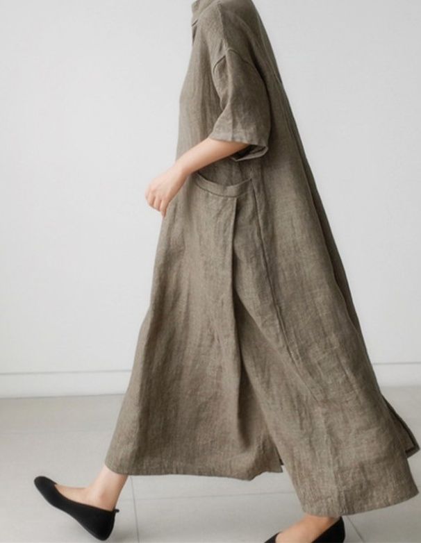 シャツワンピース綿麻半袖 ゆったりオーバーサイズロングワンピース 
