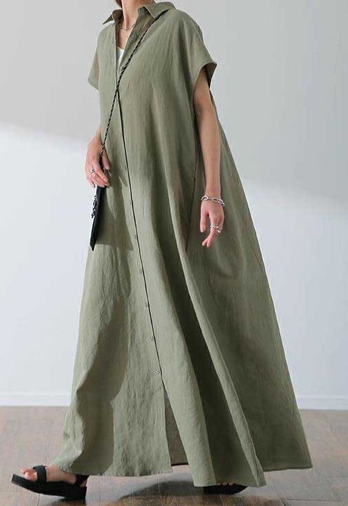 シャツワンピース綿麻半袖ゆったり襟付きロング丈ワンピース