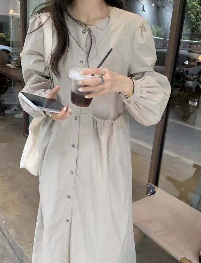 シャツワンピースロングノーカラーゆったりシルエットワンピース