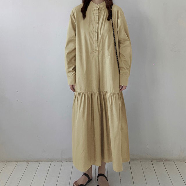 リネン長袖シャツワンピース春新作ロング丈