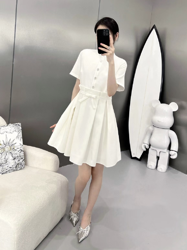 シャツワンピース バンドカラー半袖フレアシャツワンピース