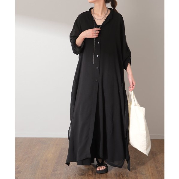 シャツワンピース透明感シアーロングワンピース