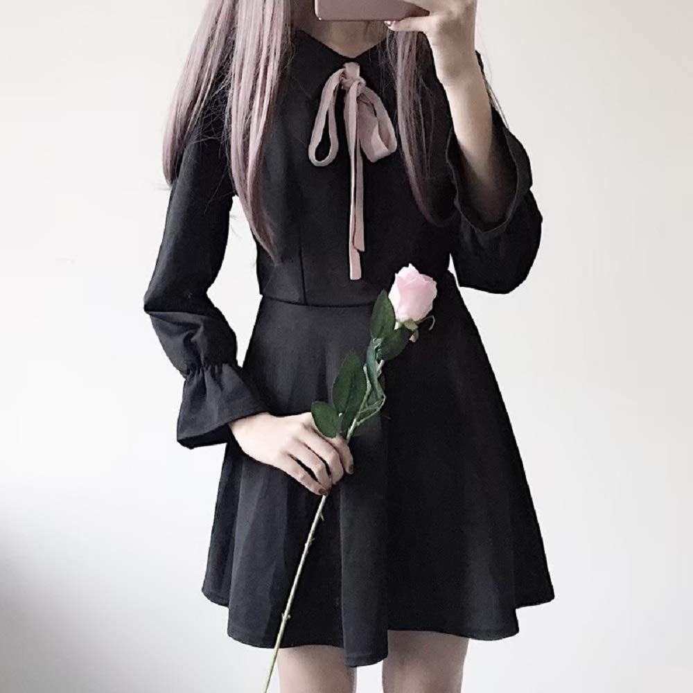 ピンクリボン付きブラック長袖シャツワンピース