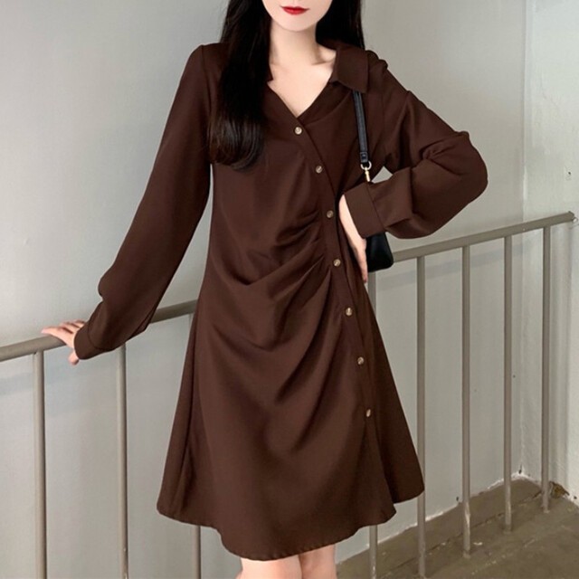 リネン風シャツワンピース レディース長袖ブラウン
