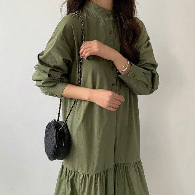 リネン長袖シャツワンピース春新作ロング丈