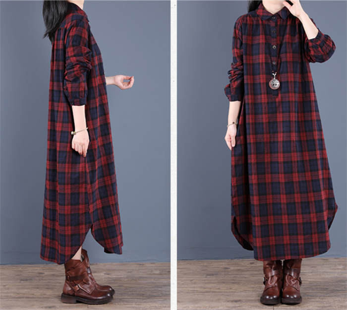 コットンチェック柄シャツワンピース長袖ロング丈