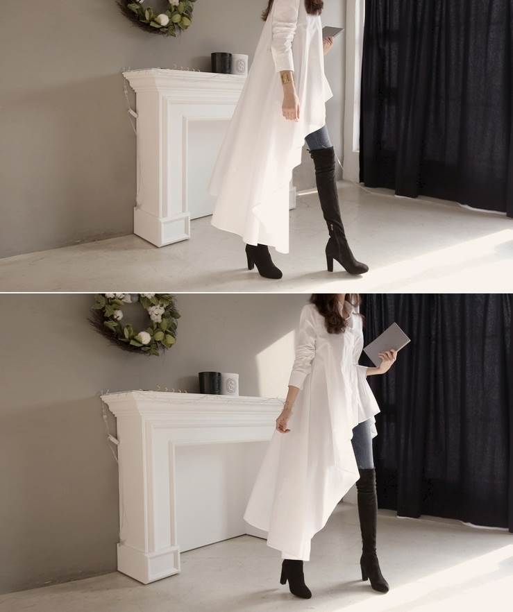 コットン素材レディース襟付き長袖シャツワンピース