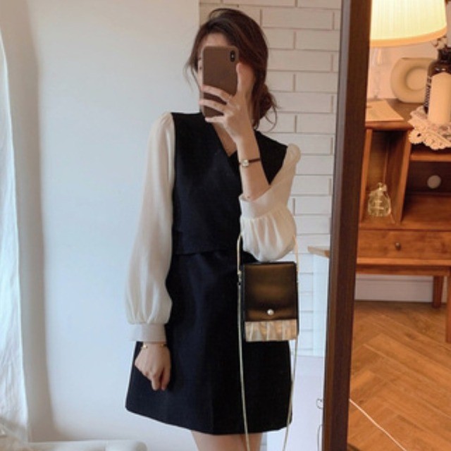 リネン風シャツワンピース 重ね着風長袖