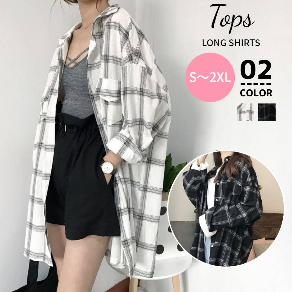 コットンチェック柄ロング丈シャツワンピース