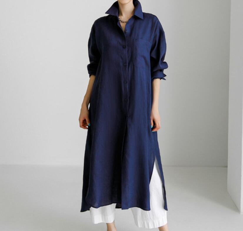 麻綿混紡ロング丈シャツワンピース日系ナチュラル