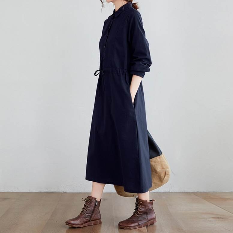 リネン風シャツワンピース長袖襟付きロング丈