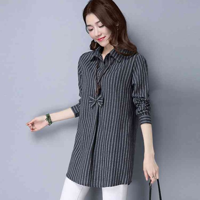 コットン混ストライプシャツワンピース長袖レディース