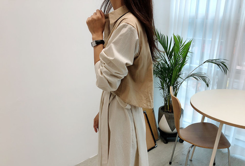 シャツワンピース 異素材切替ベスト付き縦縞柄シャツワンピース