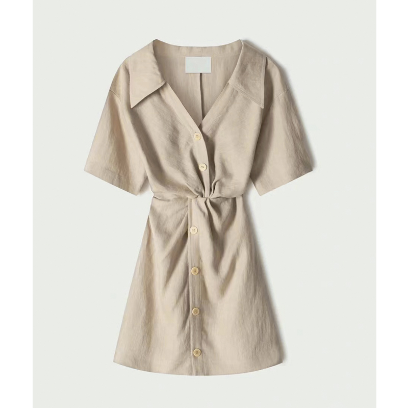 シャツワンピース ウエストツイスト半袖シャツワンピース