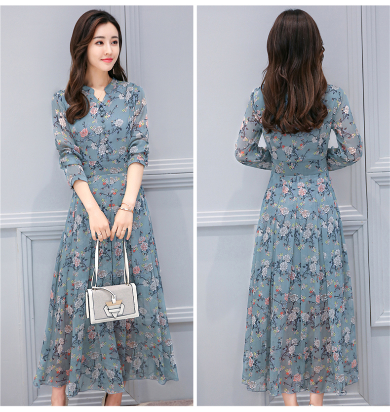 シャツワンピース 花柄シフォン長袖シャツワンピース