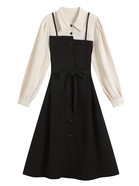 シャツワンピース長袖膝丈重ね着風