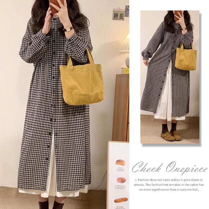 ギンガムチェック柄シャツワンピース長袖ロング丈マタニティ対応