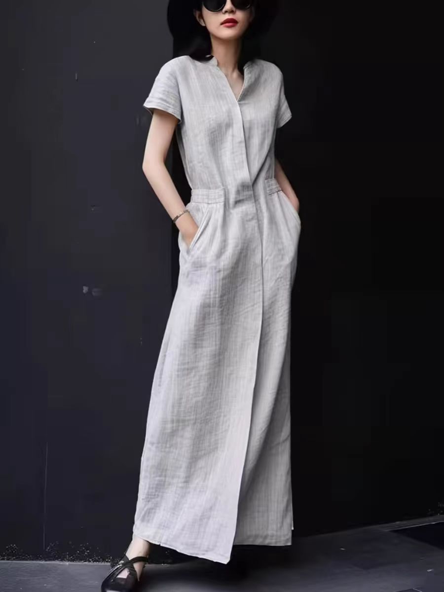 シャツワンピース 天然麻素材半袖ロング丈シャツワンピース