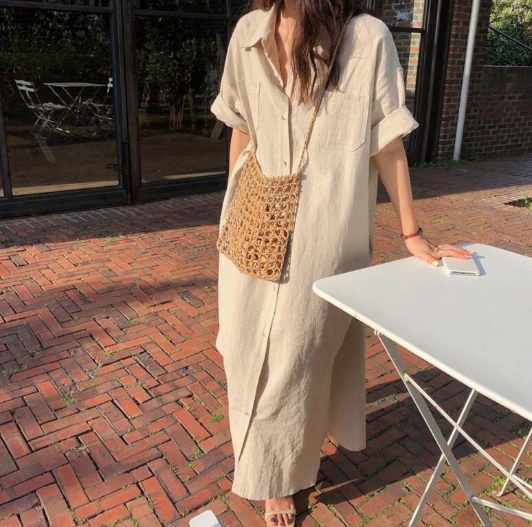シャツワンピース日系麻綿混ロングワンピース