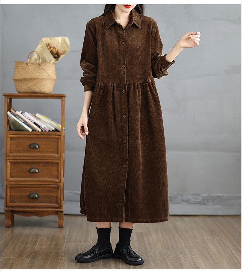 コーデュロイシャツワンピース長袖ロング丈秋冬