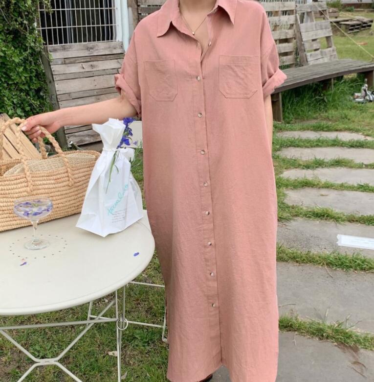 シャツワンピース日系麻綿混ロングワンピース