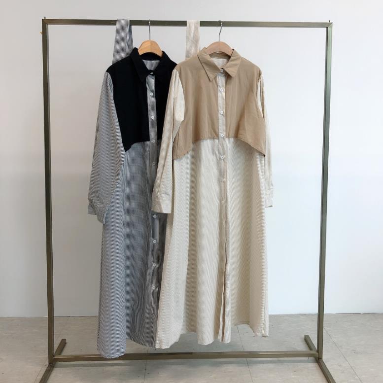 シャツワンピース 異素材切替ベスト付き縦縞柄シャツワンピース