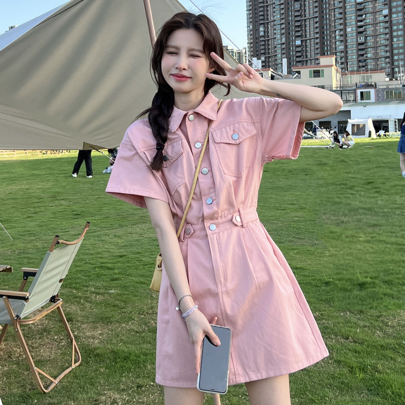 シャツワンピース 胸ポケット付き半袖ミニ丈シャツワンピース