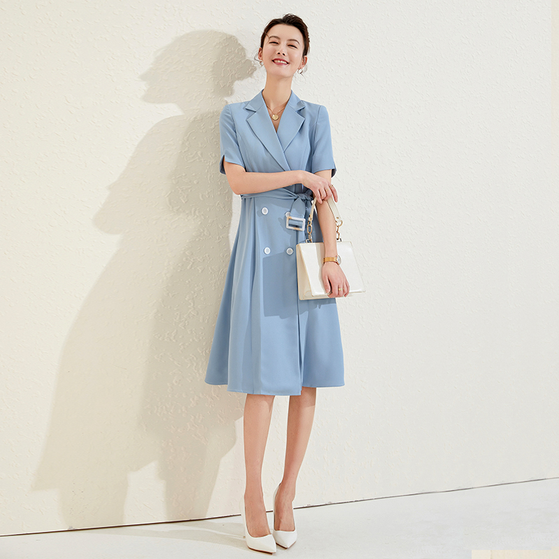 シャツワンピース テーラード襟ダブルボタン半袖ワンピース