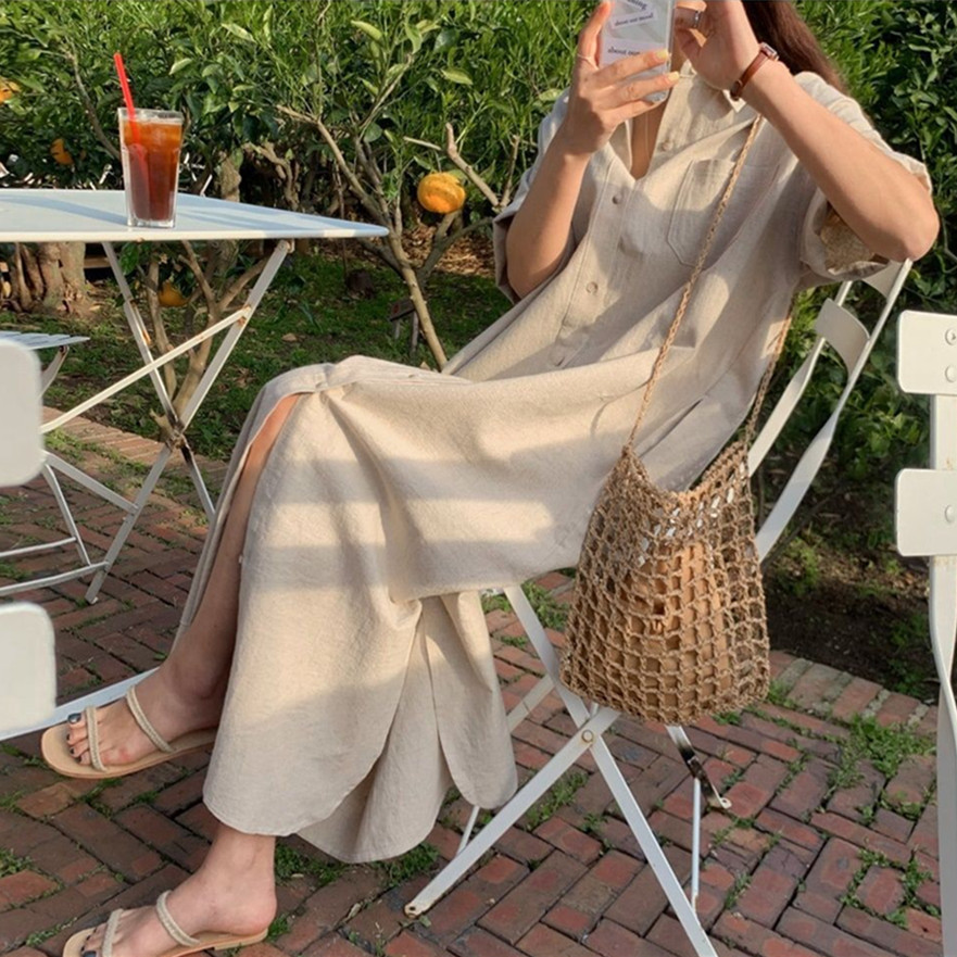リネン シャツワンピース レディース ロング丈 体型カバー 大きいサイズ対応