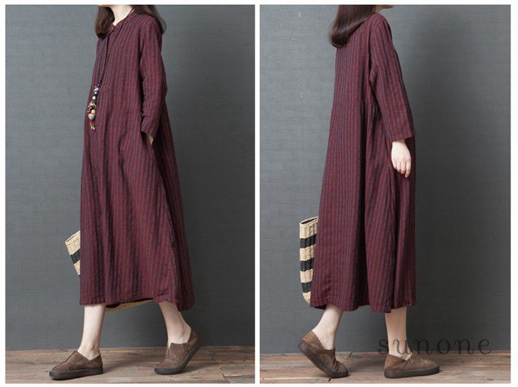 リネン縦縞シャツワンピース長袖ゆったり体型カバー