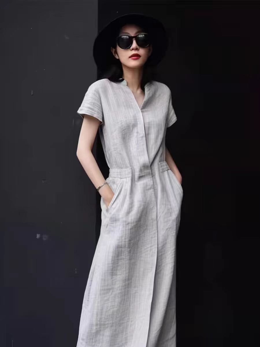 シャツワンピース 天然麻素材半袖ロング丈シャツワンピース
