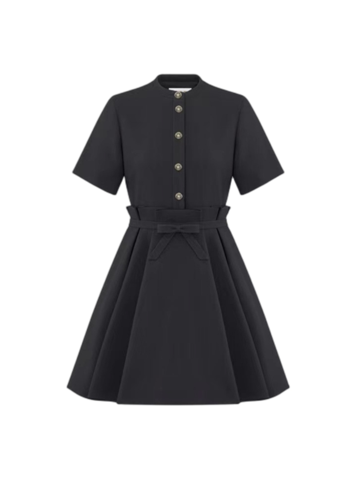 シャツワンピース バンドカラー半袖フレアシャツワンピース