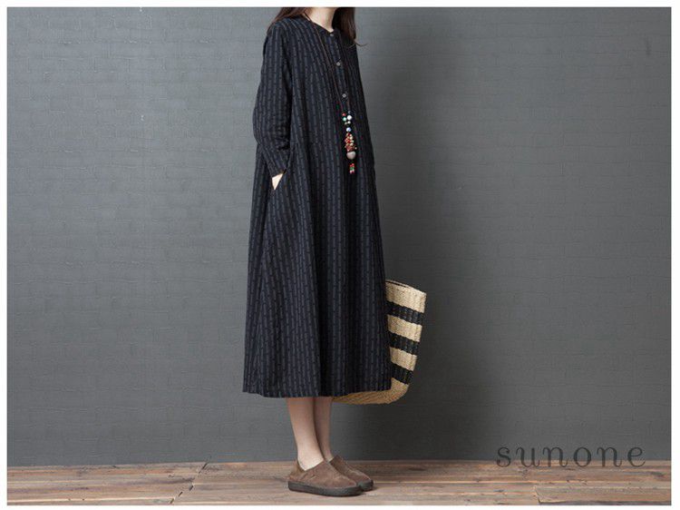 リネン縦縞シャツワンピース長袖ゆったり体型カバー