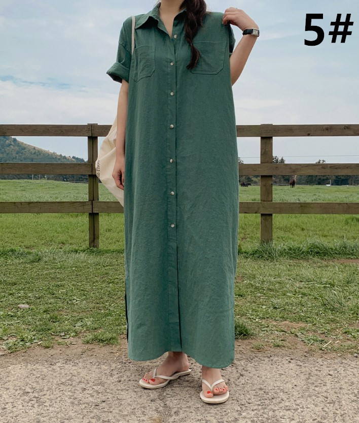 シャツワンピース ロング丈 半袖ワンピース