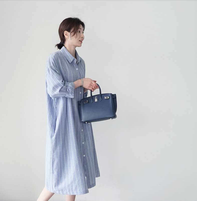 韓国風コットンストライプ柄ゆったりシャツワンピースミドル丈