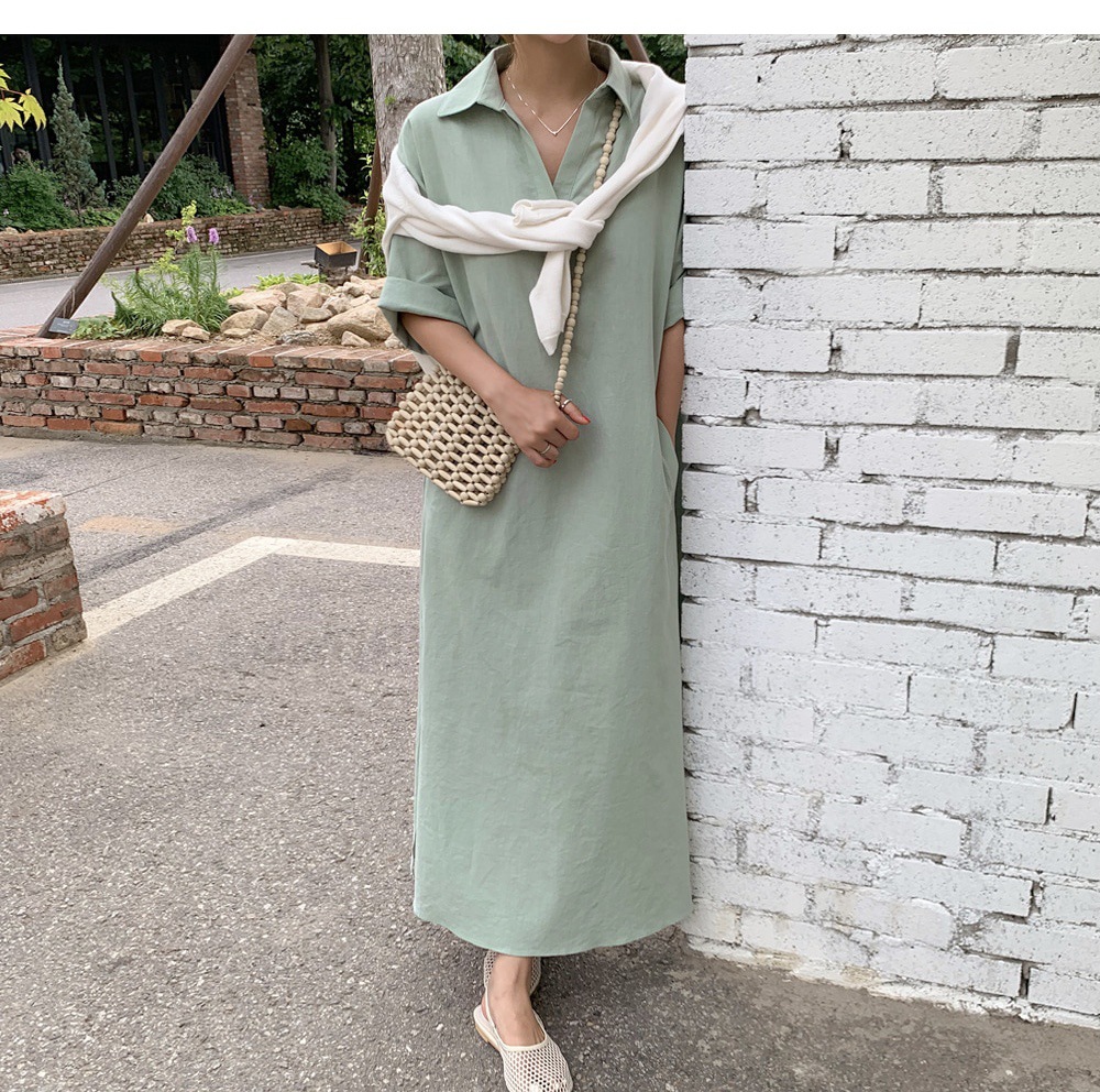 シャツワンピース半袖 ロング丈 大人女子ワンピース