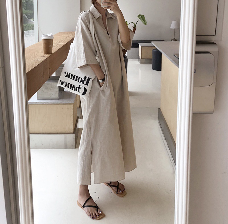 シャツワンピース半袖 ロング丈 大人女子ワンピース