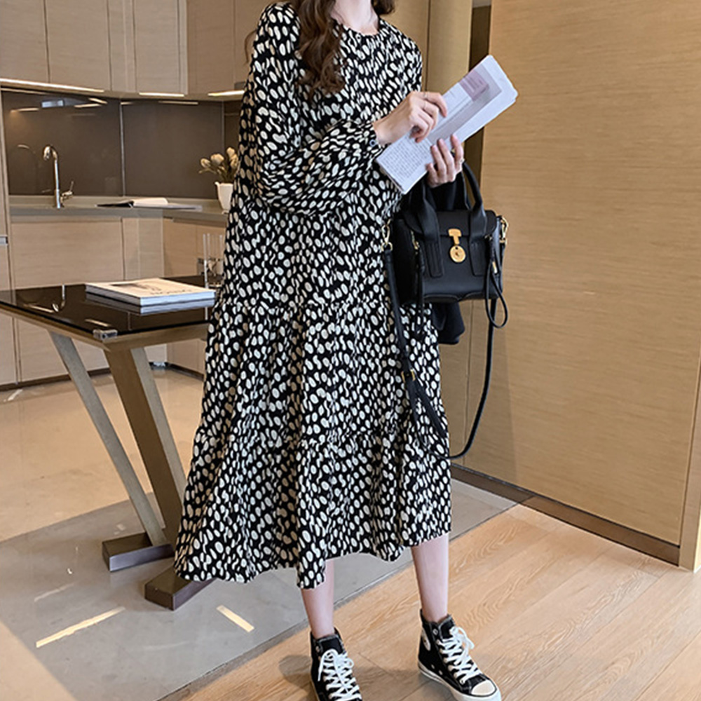 シャツワンピース ドット柄シフォン長袖ワンピース レディースロング丈