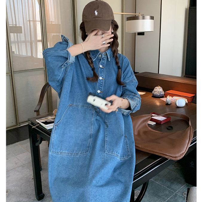 シャツワンピースデニム大きめポケットワンピース