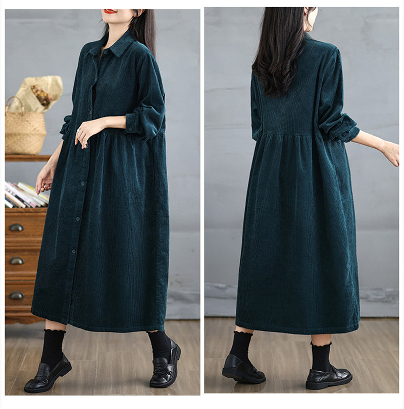 コーデュロイシャツワンピース長袖ロング丈秋冬