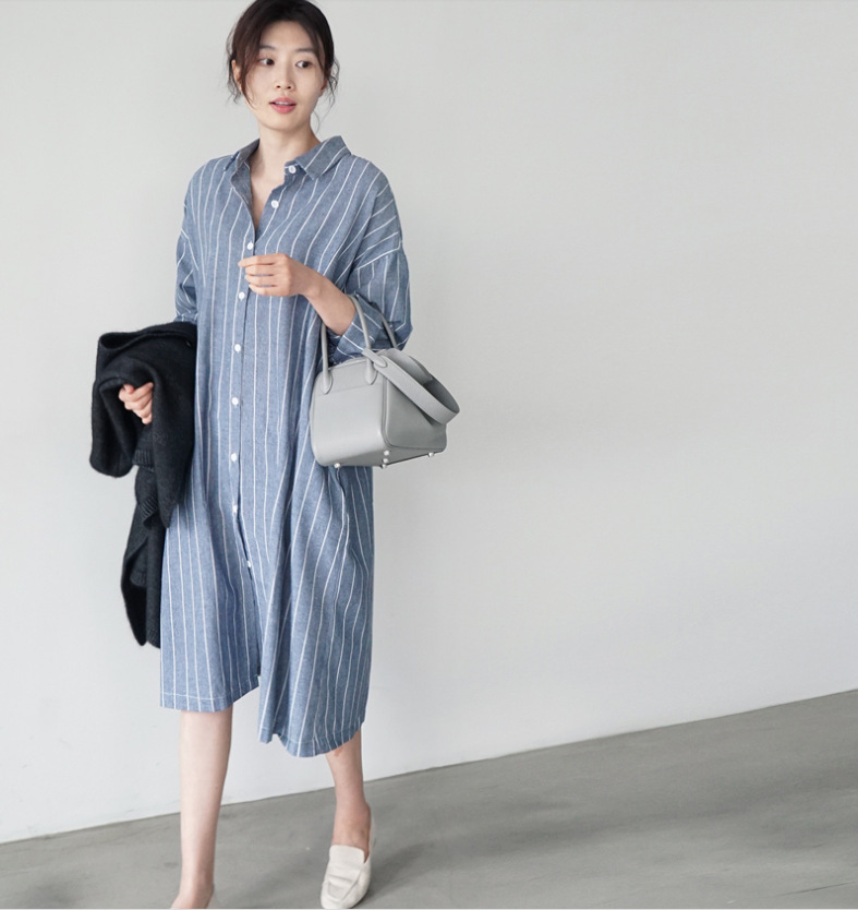 韓国風コットンストライプ柄ゆったりシャツワンピースミドル丈