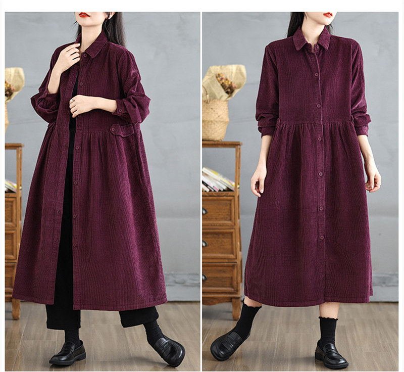 コーデュロイシャツワンピース長袖ロング丈秋冬