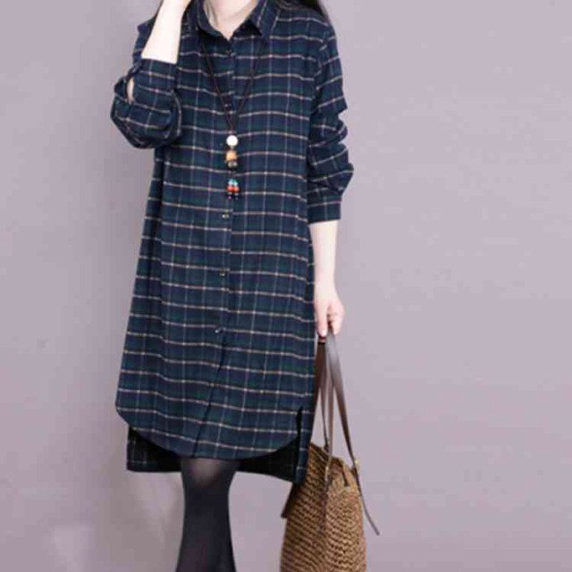 コットン チェック柄シャツワンピース 秋服 長袖