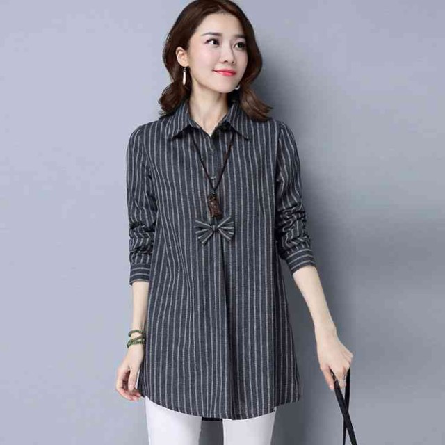 コットン混ストライプシャツワンピース長袖レディース