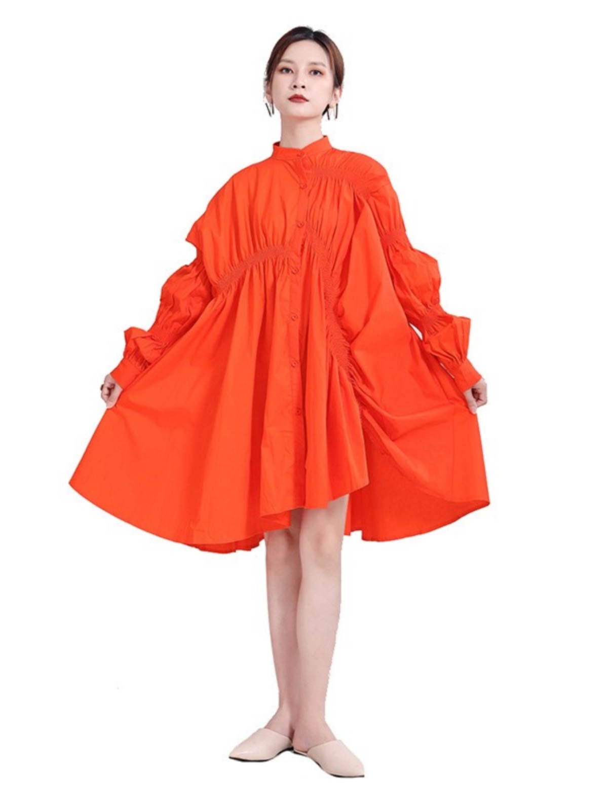 シャツワンピース 立体ギャザー袖のふんわりシャツワンピース