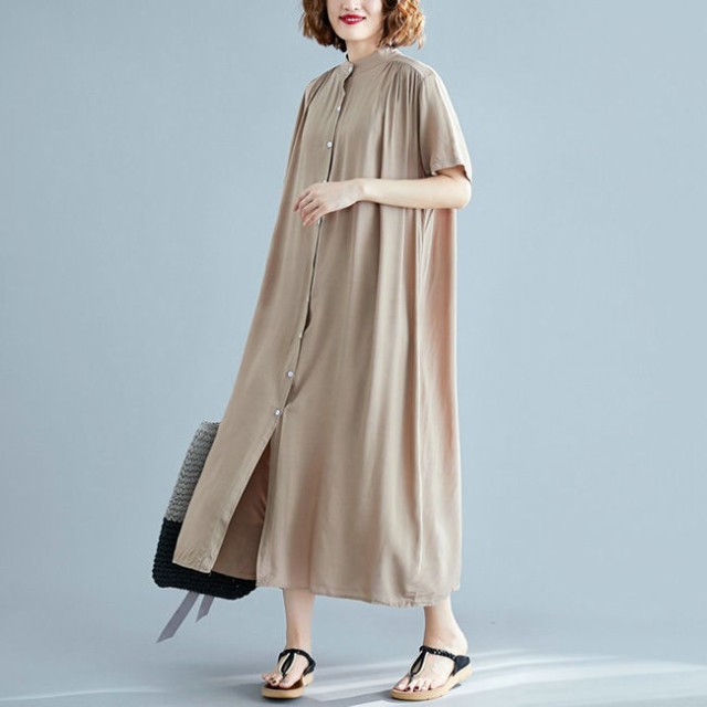 リネン素材 ボリューム袖シャツワンピース ロング丈