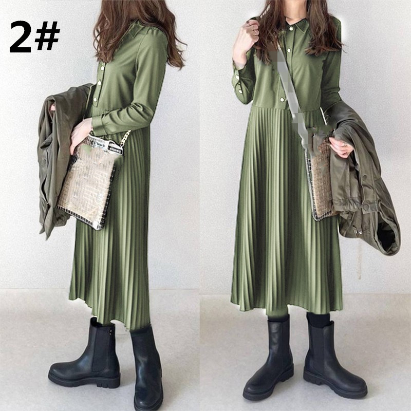 コットン混シャツワンピース レディース 長袖 ロング丈 プリーツスカート 秋新作