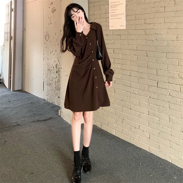 リネン風シャツワンピース レディース長袖ブラウン